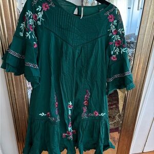 Free People Green Dress with Floral Embroidery